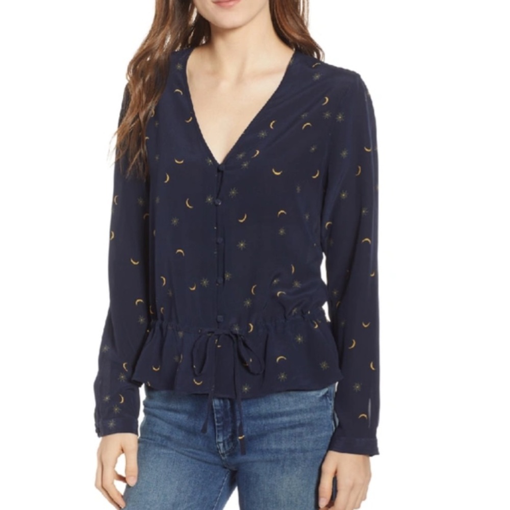 Rails Beaux Ruffle Waist Silk Blouse In Navy Crescent Moon